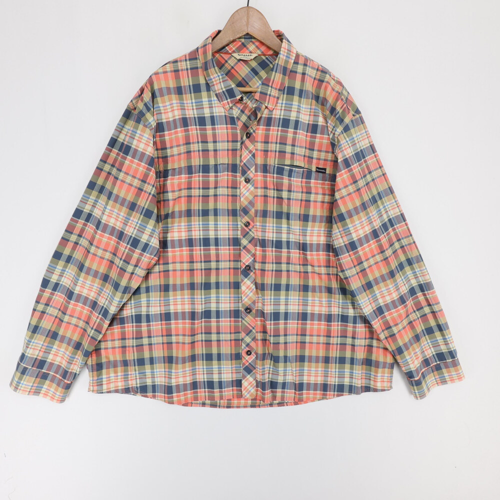 Simms Shirt Mens 3XL Blue Pink Plaid Long Sleeve Fishing Zipper Pockets Stretch